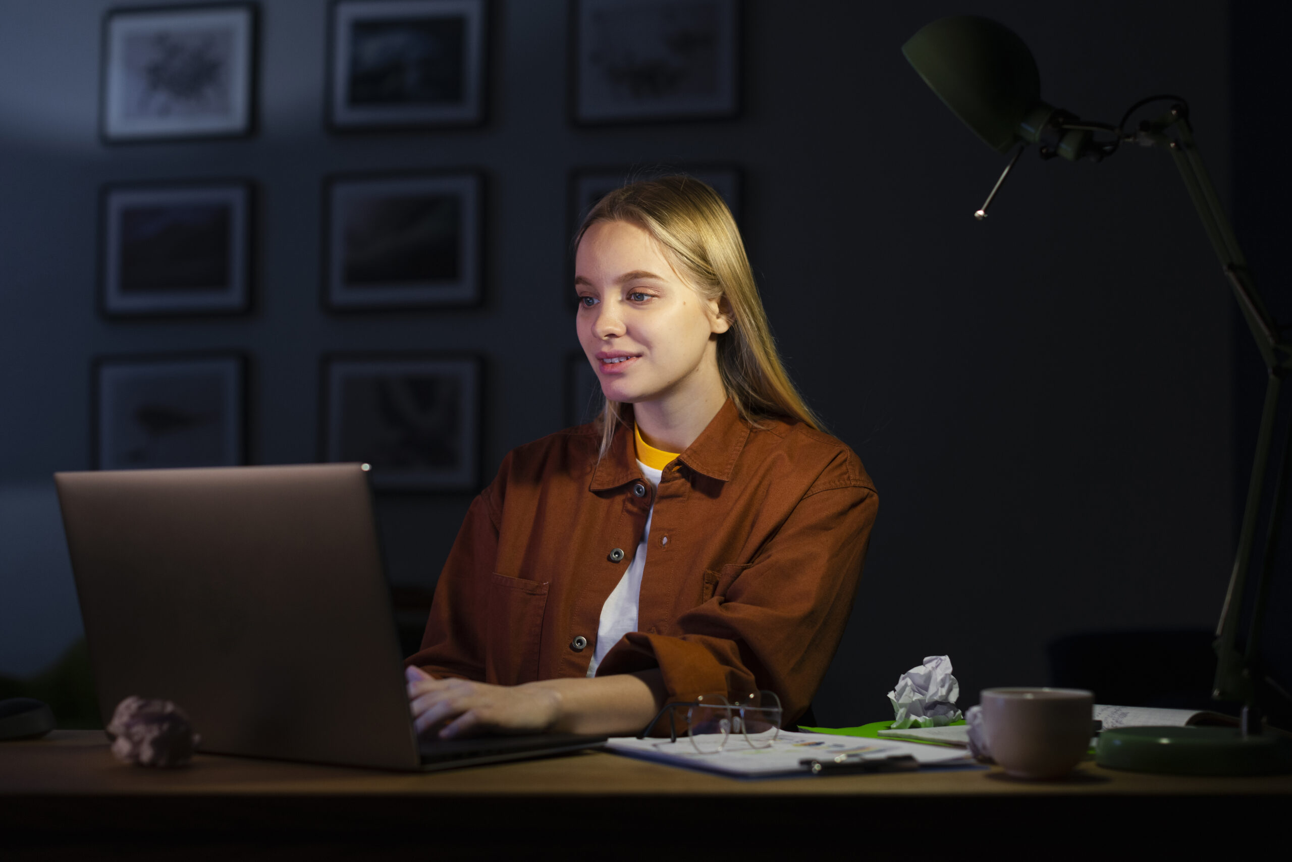 front-view-woman-working-home